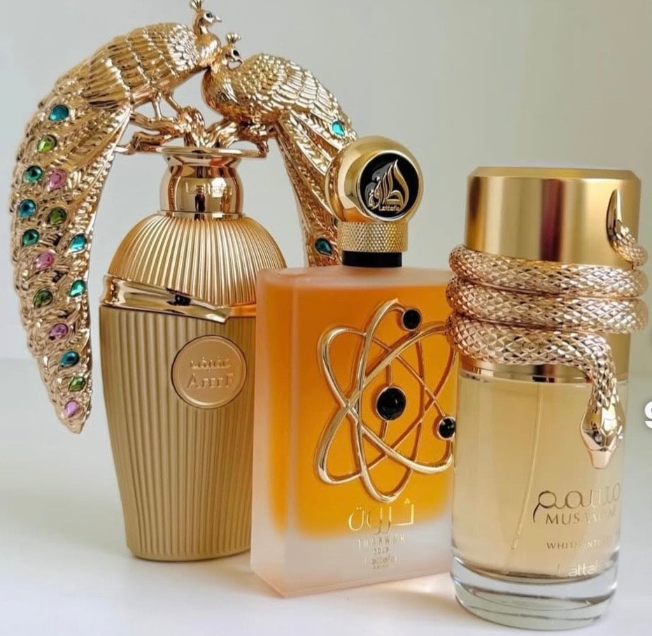 Combo 3 Joyas de Lattafa: Afeef, Tharwah Gold, Musamam White Intense.